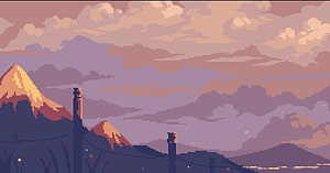 Pixel Art Mountain Landscape at Dusk with Industrial Silhouettes and Soft Pastel Sky HD wallpaper