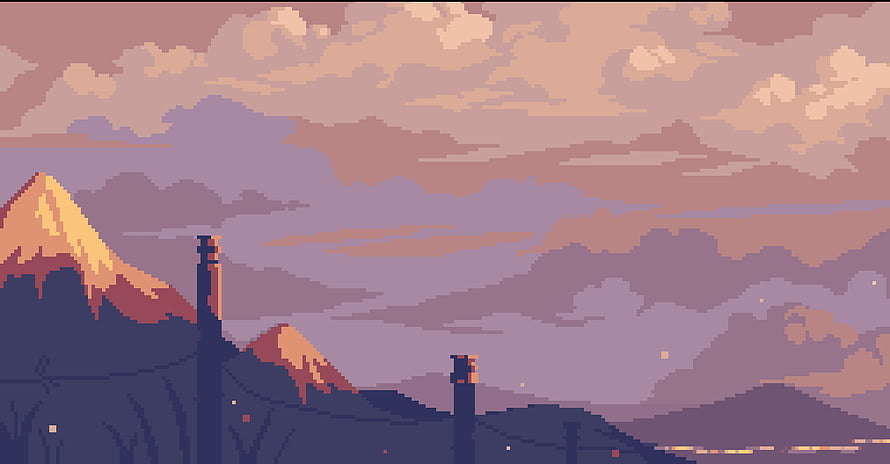 Pixel Art Mountain Landscape at Dusk with Industrial Silhouettes and Soft Pastel Sky HD wallpaper