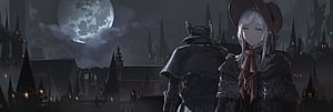 Dark Fantasy Anime Couple in Gothic City Under a Full Moon HD wallpaper