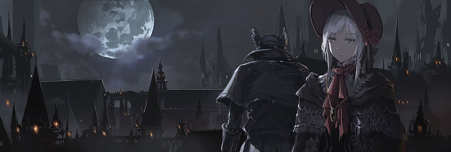 Dark Fantasy Anime Couple in Gothic City Under a Full Moon HD wallpaper
