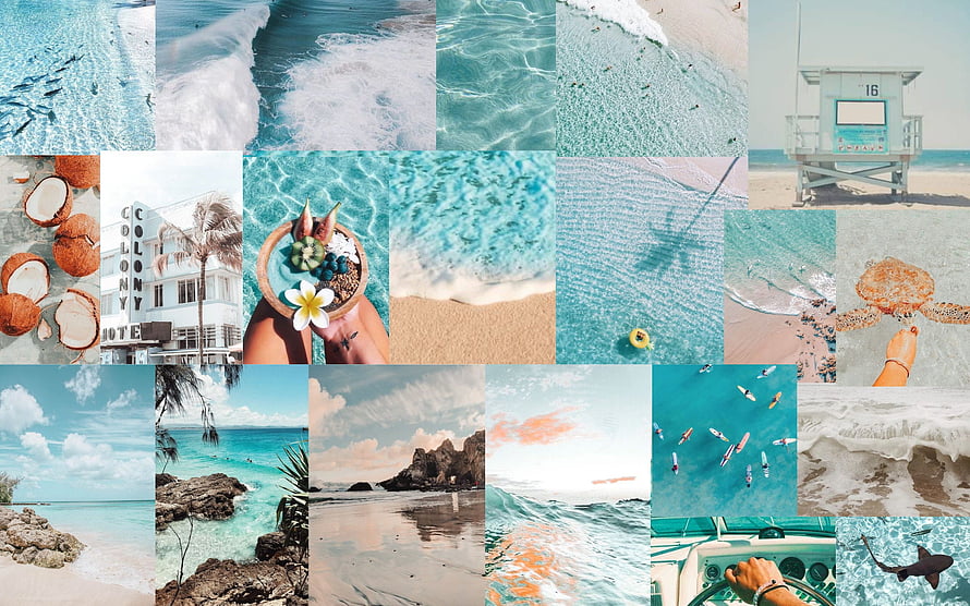 Light Blue Aesthetic Beach Collage Featuring Ocean Waves, Coconuts, and Tropical Scenery HD wallpaper