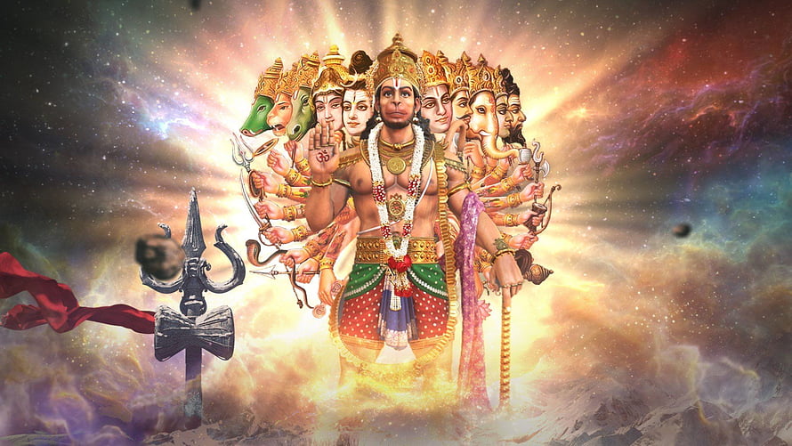 Hanuman with multiple divine heads and cosmic aura in radiant celestial artwork HD wallpaper