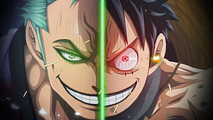 One Piece Anime Luffy and Zoro Split Face Close Up HD wallpaper