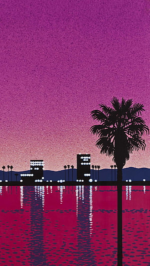 Hiroshi Nagai Silhouette Cityscape with Palm Tree and Water Reflections in Vibrant Magenta Tones HD phone wallpaper