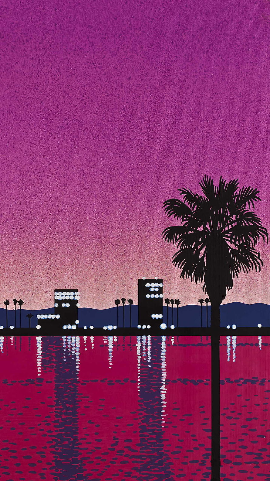 Hiroshi Nagai Silhouette Cityscape with Palm Tree and Water Reflections in Vibrant Magenta Tones HD phone wallpaper