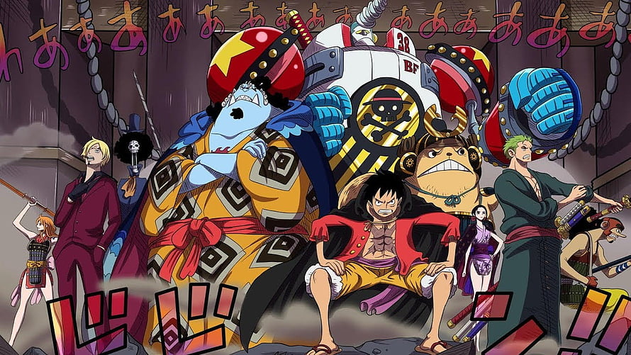 One Piece Straw Hat Crew and Buggy Confrontation Scene Anime Illustration HD wallpaper