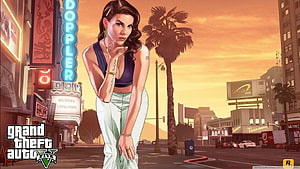 Grand Theft Auto V Female Character Artwork on Sunset Boulevard with Neon Signs HD wallpaper