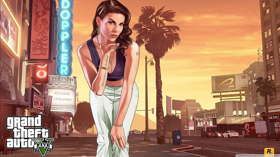 Grand Theft Auto V Female Character Artwork on Sunset Boulevard with Neon Signs HD wallpaper