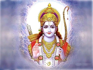 Lord Ram Devotional Portrait with Bow and Arrows in Divine Clouds HD wallpaper