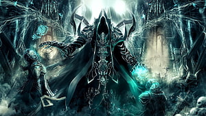 Dark Fantasy Necromancer Casting Spells in Gothic Cathedral with Undead Army HD wallpaper