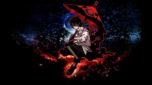 Dark Anime Character Wielding Massive Red Scythe Against Cosmic Moonlight Background HD wallpaper