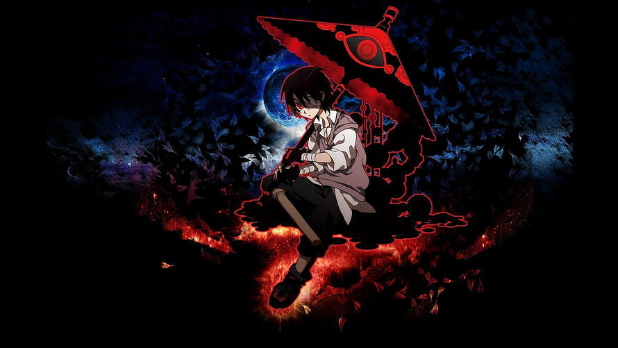 Dark Anime Character Wielding Massive Red Scythe Against Cosmic Moonlight Background HD wallpaper