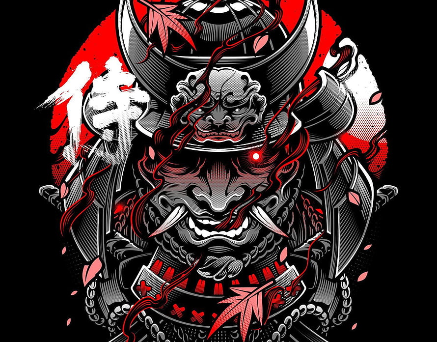 Japanese Oni Demon Mask with Samurai Armor and Red Ink Splatter HD wallpaper