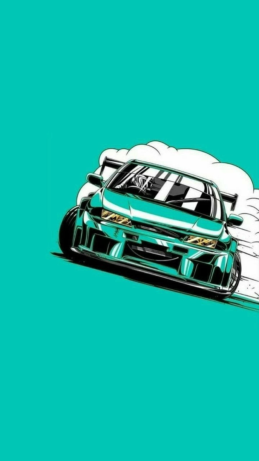 Turquoise JDM Drift Car Illustration with Smoke Trail on Teal Background HD phone wallpaper