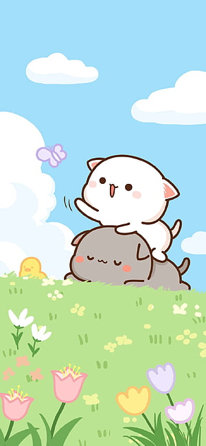 Cute Kawaii Cartoon Cats Playing in a Flower Meadow with a Butterfly HD phone wallpaper