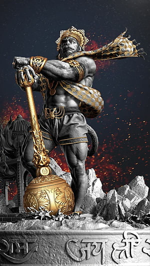 Hanuman 3D Statue with Golden Mace and Crown on Rocky Base, Jai Shri Ram Ji, Jai Hanuman Ji, hanuman 3d HD phone wallpaper