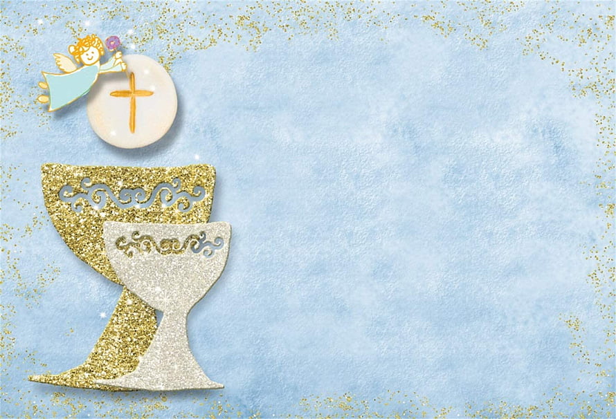 First Holy Communion Glitter Chalice and Angel Cross Design on Blue Background HD wallpaper