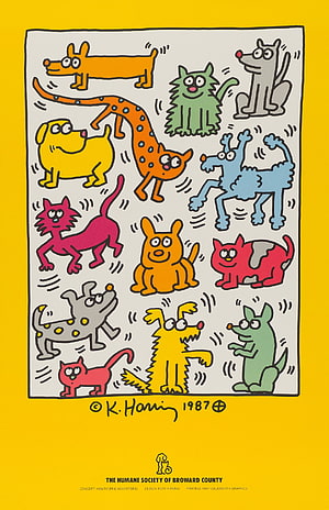 Keith Haring 1987 Humane Society Poster Featuring Colorful Cartoon Dogs and Cats HD phone wallpaper