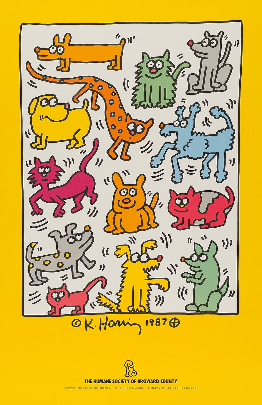 Keith Haring 1987 Humane Society Poster Featuring Colorful Cartoon Dogs and Cats HD phone wallpaper