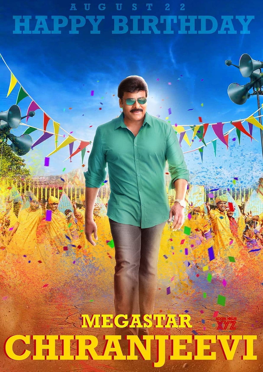 Chiranjeevi Birthday Celebration Poster with Confetti and Festive Crowd HD phone wallpaper