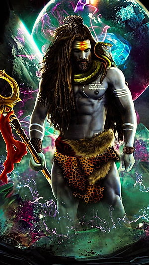 Lord Shiva Hindu God Digital Art with Cosmic Background and Trishula HD phone wallpaper