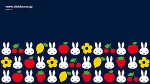 Miffy Rabbit Pattern with Fruits and Flowers on Dark Blue Background HD wallpaper
