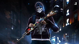 Counter-Strike Global Offensive character holding a sticker-covered rifle in a dark urban alley at night HD wallpaper