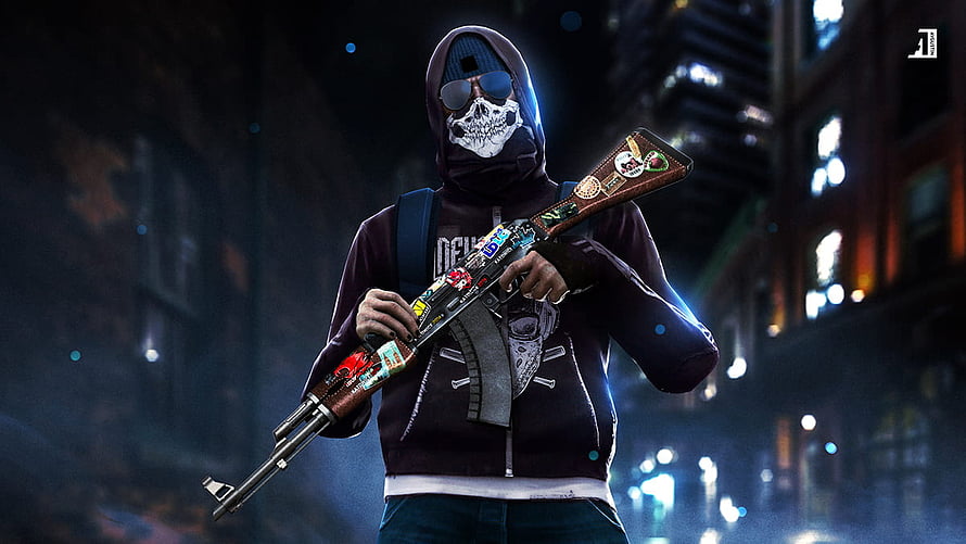 Counter-Strike Global Offensive character holding a sticker-covered rifle in a dark urban alley at night HD wallpaper