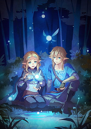 Zelda and Link Sitting in a Glowing Forest at Night with Fireflies HD phone wallpaper