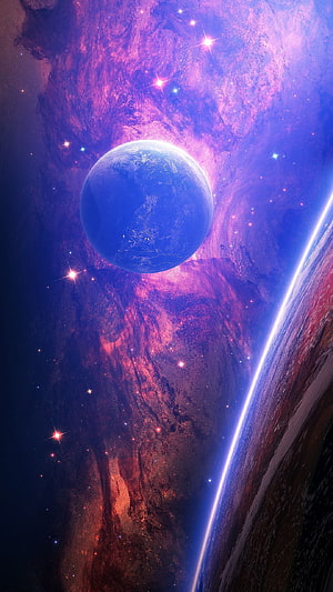 Vibrant Cosmic Nebula and Blue Planet in Deep Space HD phone wallpaper