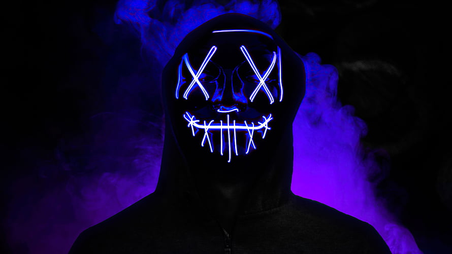 Glowing LED LED Mask with X Eyes and Stitched Smile in Purple Smoke HD wallpaper