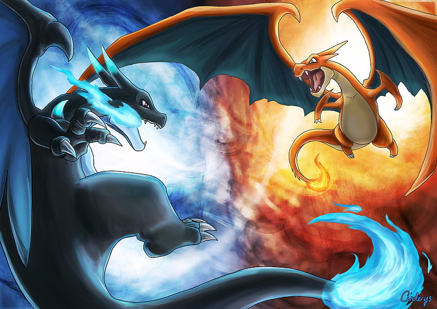 Mega Charizard X and Mega Charizard Y Confrontation in Fiery and Icy Battle HD wallpaper