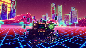 Neon Retro Cityscape with Arcade Machine and Synthwave Grid Landscape HD wallpaper
