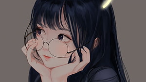 Anime Girl With Round Glasses And Long Black Hair HD wallpaper