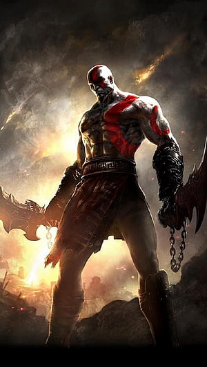 Kratos from God of War standing in a fiery battlefield with Blades of Chaos HD phone wallpaper