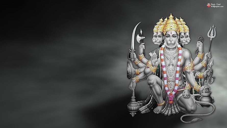Hanuman Multi-Headed Divine Form with Weapons and Garland on Dark Background, God Laptop, god pc HD wallpaper
