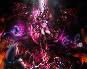 Slaanesh Dark Fantasy Demoness with Obsidian Wings and Purple Energy Vortex HD wallpaper