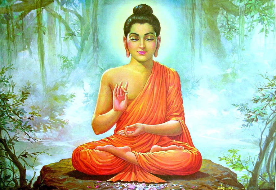 Lord Mahavira Meditating in a Serene Forest with Orange Robes and Lotus Flowers HD wallpaper