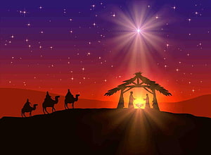 Silhouette Nativity Scene with Star of Bethlehem and Three Wise Men on Camels HD wallpaper