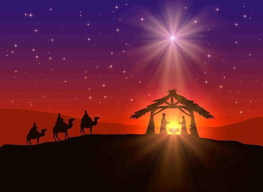 Silhouette Nativity Scene with Star of Bethlehem and Three Wise Men on Camels HD wallpaper