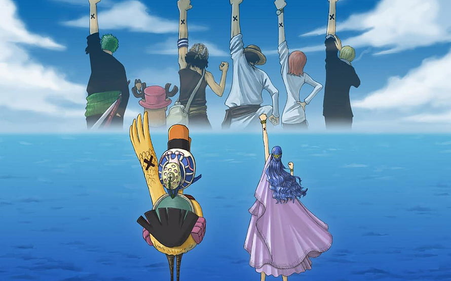 One Piece Straw Hat Crew Standing in the Ocean with Raised Arms HD wallpaper