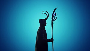 Loki Silhouette Holding Gungnir Spear Against Blue Gradient Background HD wallpaper