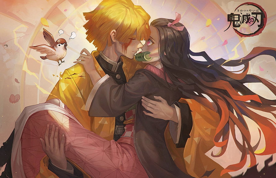Nezuko and Zenitsu Embrace in Demon Slayer Anime Artwork HD wallpaper
