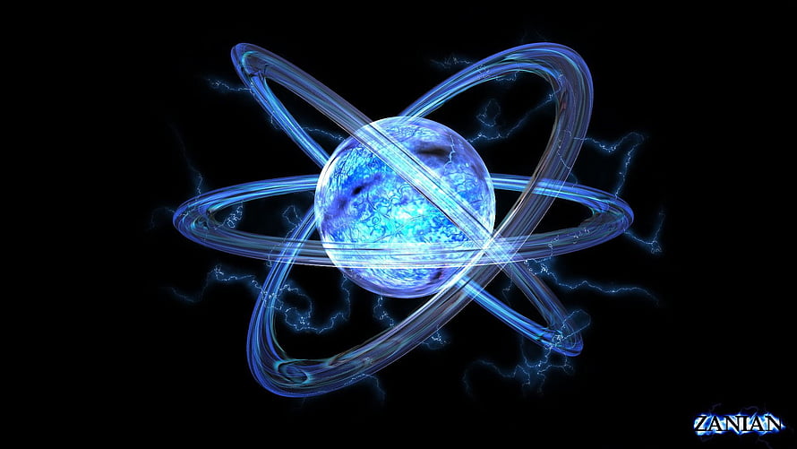 Glowing Blue Atomic Structure with Electric Plasma Orbits on Black Background HD wallpaper