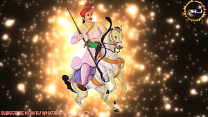 Veer Teja Ji Maharaj on White Horse with Spear Against Golden Bokeh Background HD wallpaper