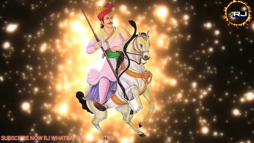 Veer Teja Ji Maharaj on White Horse with Spear Against Golden Bokeh Background HD wallpaper