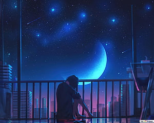 Anime Girl Sitting on Balcony Gazing at Crescent Moon Over Futuristic City Skyline HD wallpaper