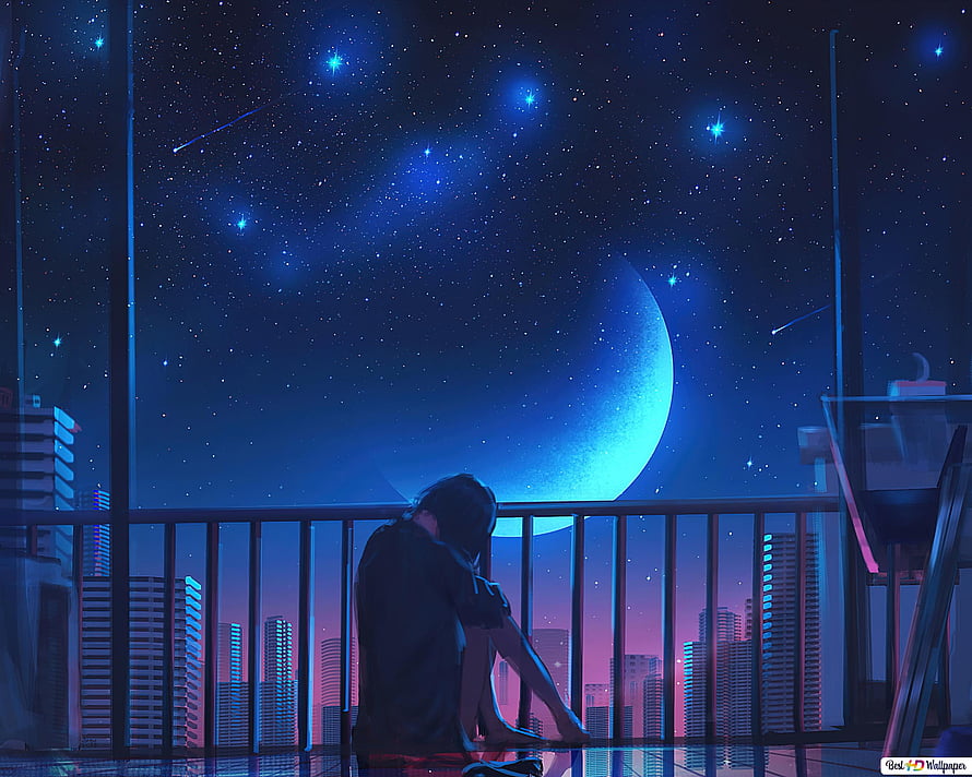 Anime Girl Sitting on Balcony Gazing at Crescent Moon Over Futuristic City Skyline HD wallpaper