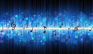 Vibrant Blue Music Notes with Glowing Light Streaks and Bokeh Effects HD wallpaper