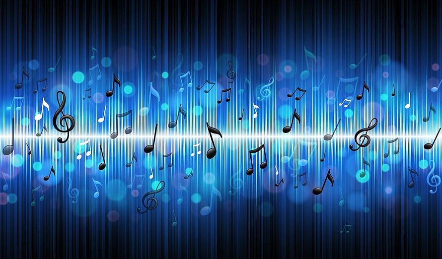 Vibrant Blue Music Notes with Glowing Light Streaks and Bokeh Effects HD wallpaper